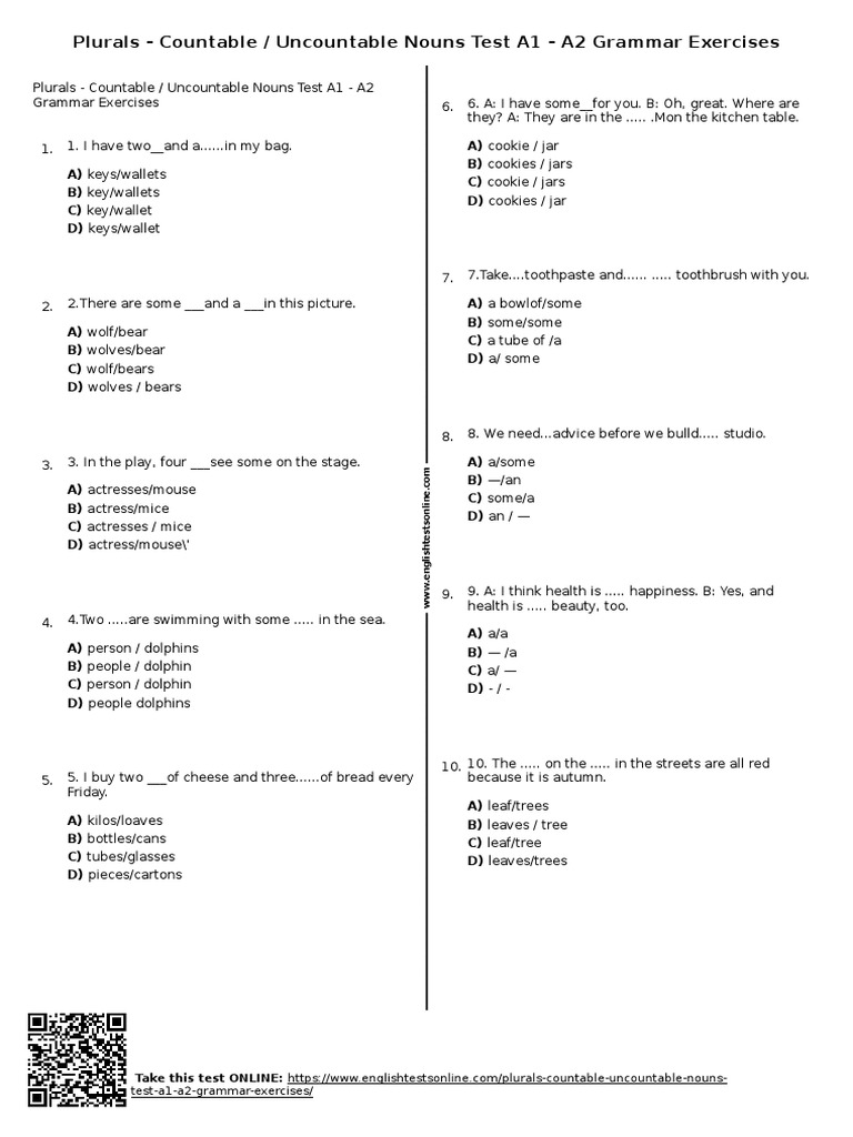 Countable and Uncountable Nouns Test | PDF | Plural | Linguistic Morphology
