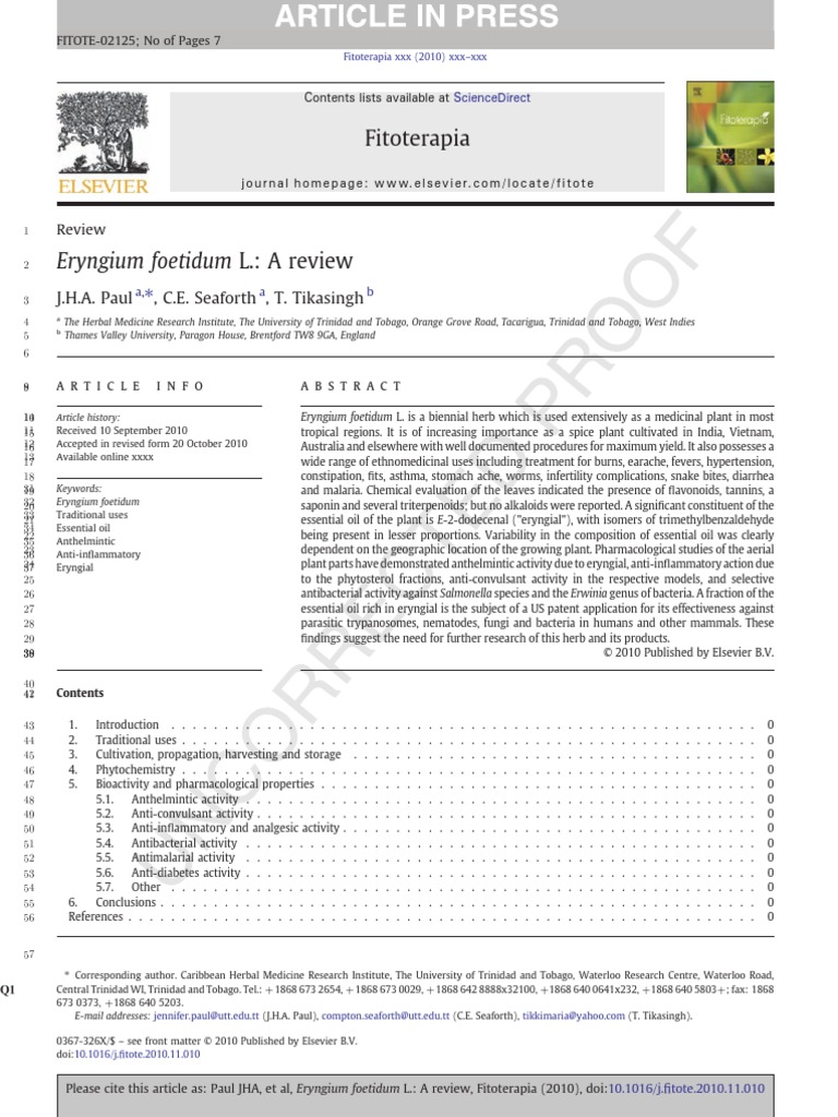 Eryngium Foetidum L. A Review PDF Wellness Medical