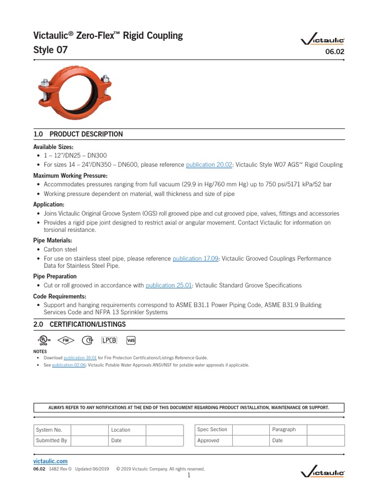 Victaulic ZeroFlex Rigid Coupling Style 07 1.0 Product Description