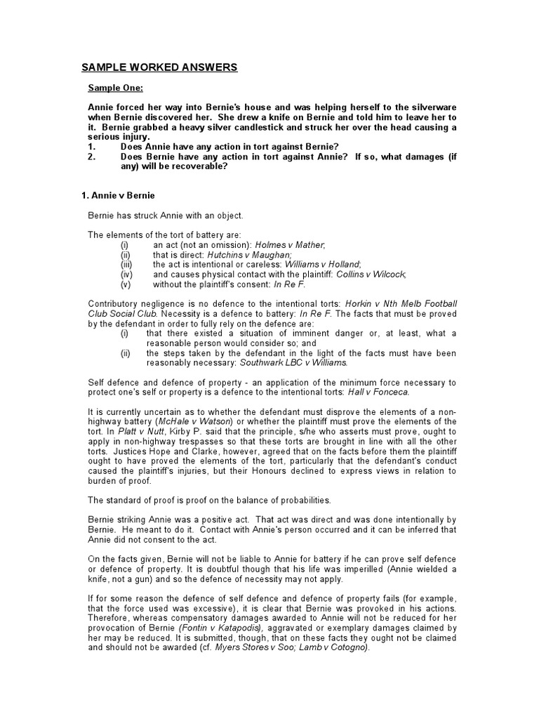 Tort Law Analysis: Battery & Trespass | PDF | Conversion (Law) | Negligence