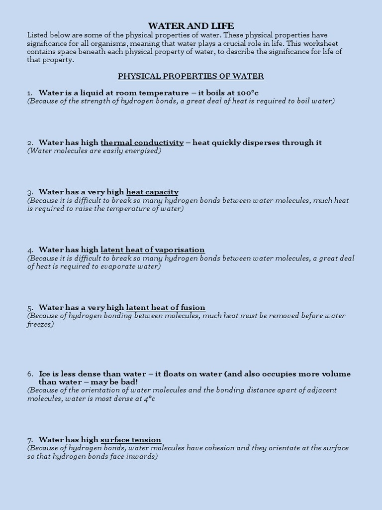 Water Worksheet  Properties Of Water  Chemical Bond With Properties Of Water Worksheet Biology