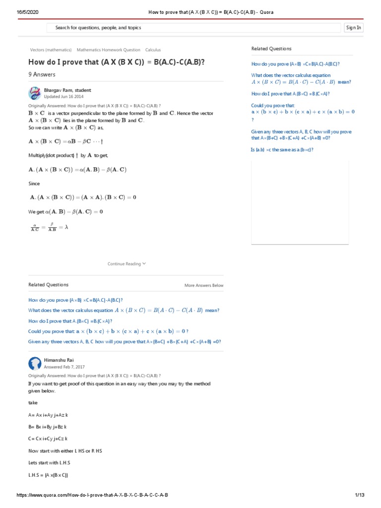 How To Prove That A X B X C B A C C A B Quora Cartesian Coordinate System Plane Geometry