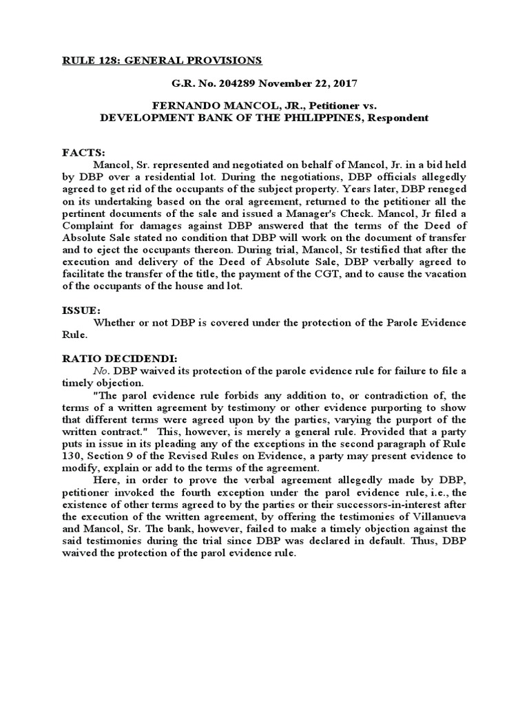 モモキングvs Mancol Jr. vs DBP: Parole Evidence Ruling | PDF | Finance & Money