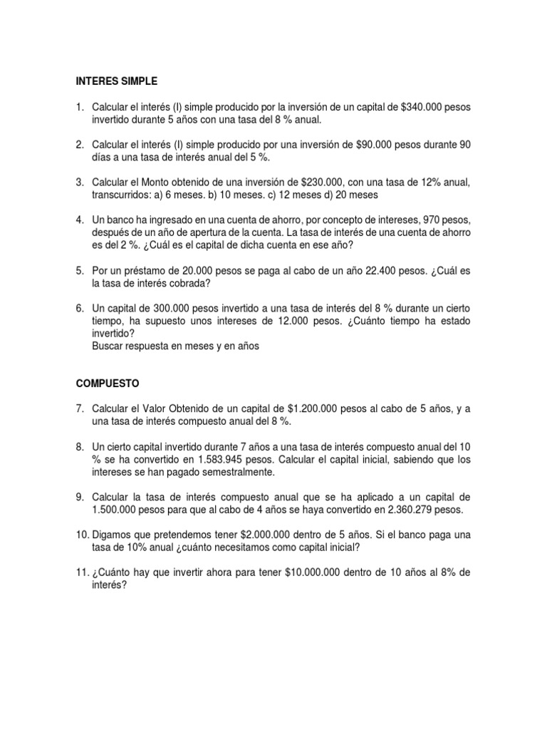 Ejercicios Interes Compuesto y Simple PDF | PDF
