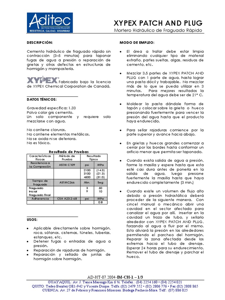 Xypex Patch and Plug Especificacion | PDF | Cemento | Hormigón