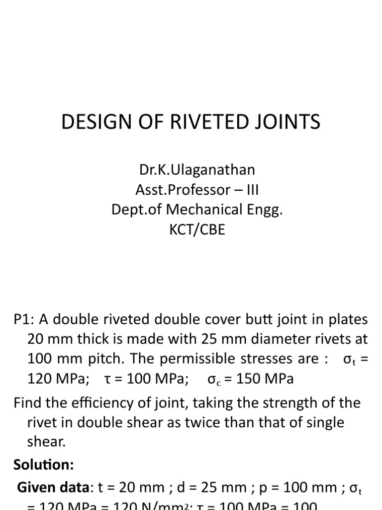 Design of Riveted Joints PDF Rivet Stress (Mechanics)