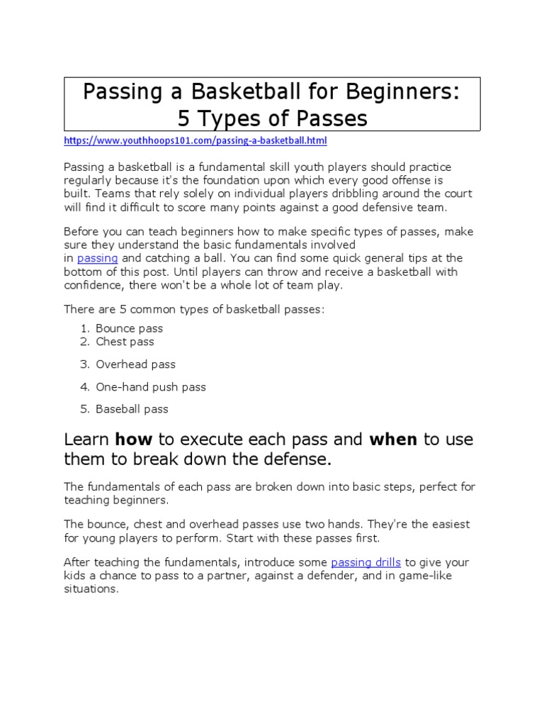 Passing A Basketball For Beginners 5 Types of Passes PDF Teams