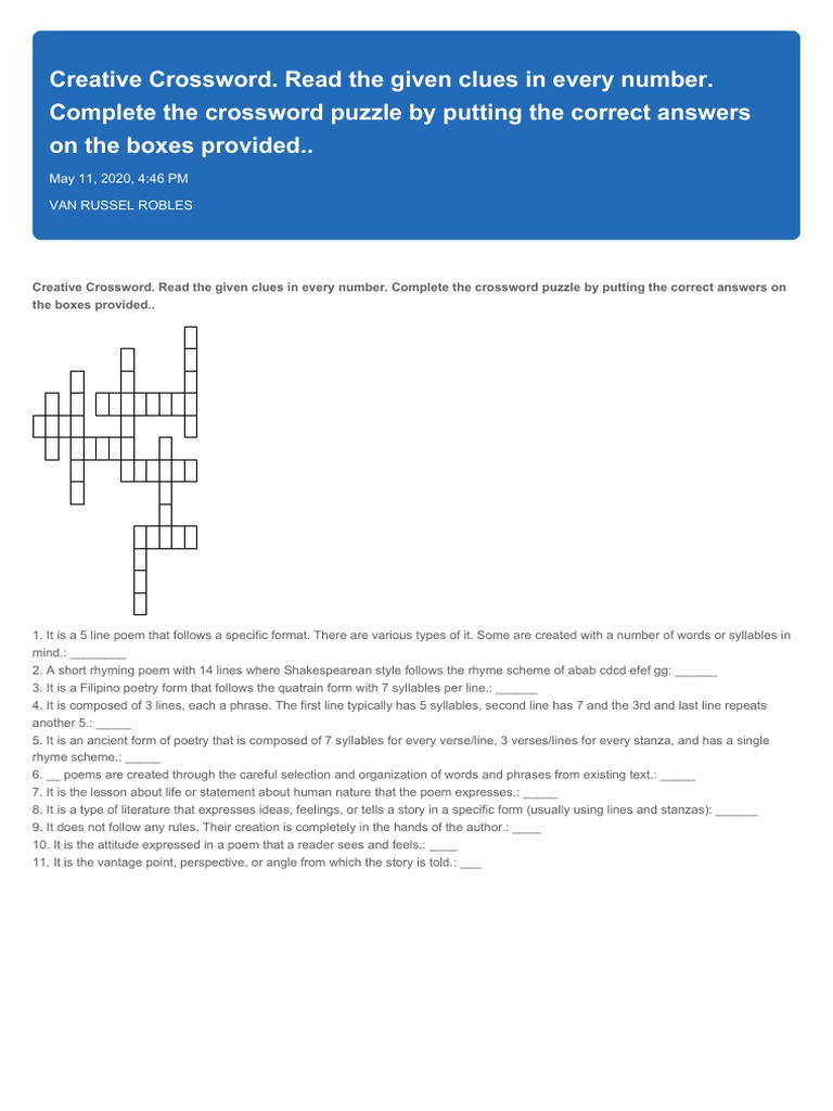 Creative Crossword. Read The Given Clues in Every Number. Complete The