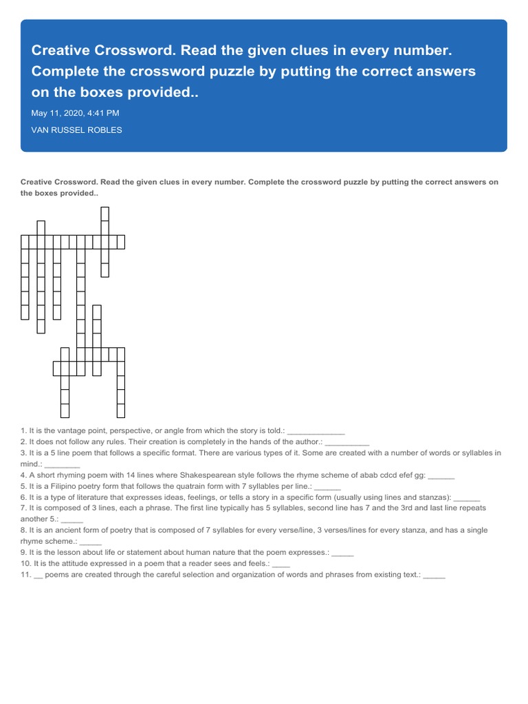 Creative Crossword. Read The Given Clues in Every Number. Complete The