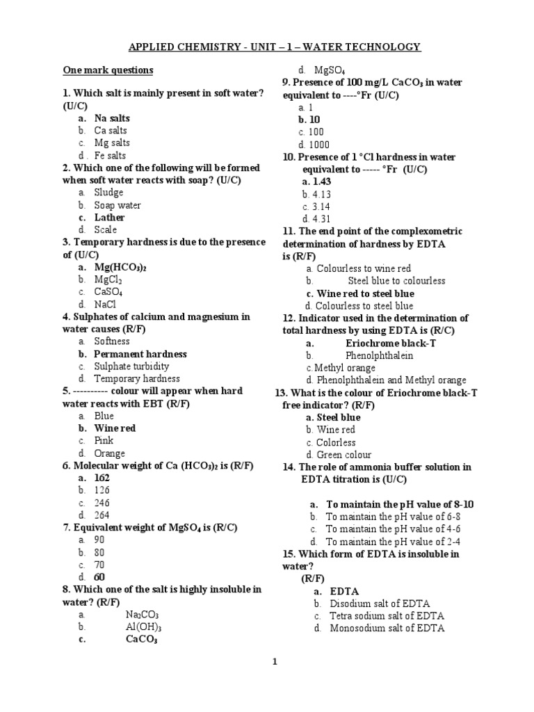 UNIT 1 WATER PURIFICATION NOTES QUESTION BANK (Repaired) PDF