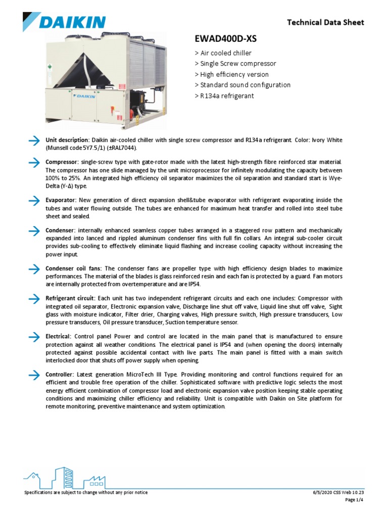 Daikin Air Cooled Liquid Screw Chiller EWAD400D-XS-CUAL | PDF ...