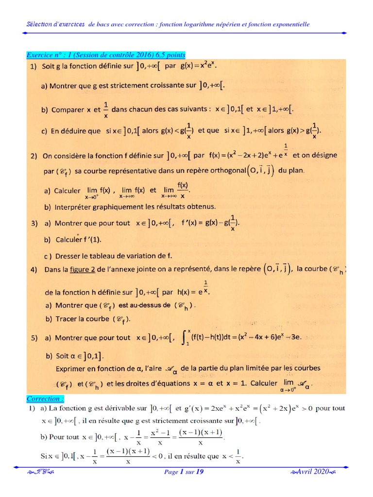 Fonction Exponentielle Exercices Et Problèmes Corrigés Pdf Sujets Bac Logarithmes Et Exponentielles Bac Sciences Numéro 2 2013controle  2016controle | PDF | Fonction exponentielle | Calcul différentiel