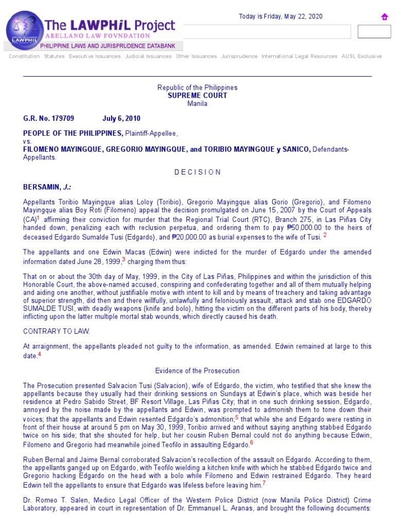 Supreme Court Decision on Murder Case | PDF | Burden Of Proof (Law ...