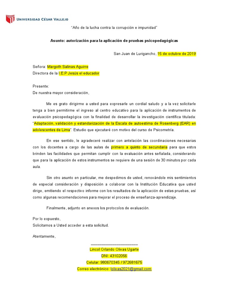 Modelo de Carta de Presentación para Colegios PDF
