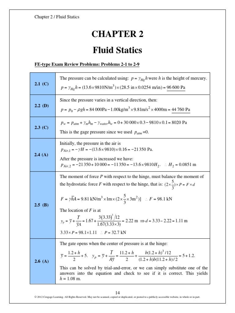 Potter Mechanics of Fluids Chap 2 SolMan | PDF | Pressure Measurement ...
