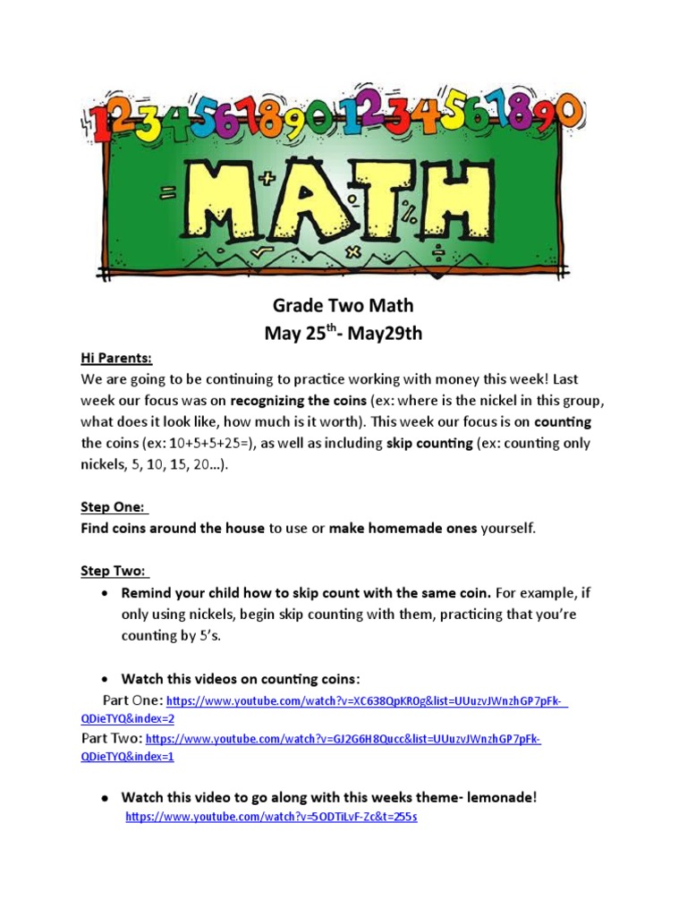 Grade Two Math May 25 - May29th: Hi Parents | PDF | Grocery Store | Money
