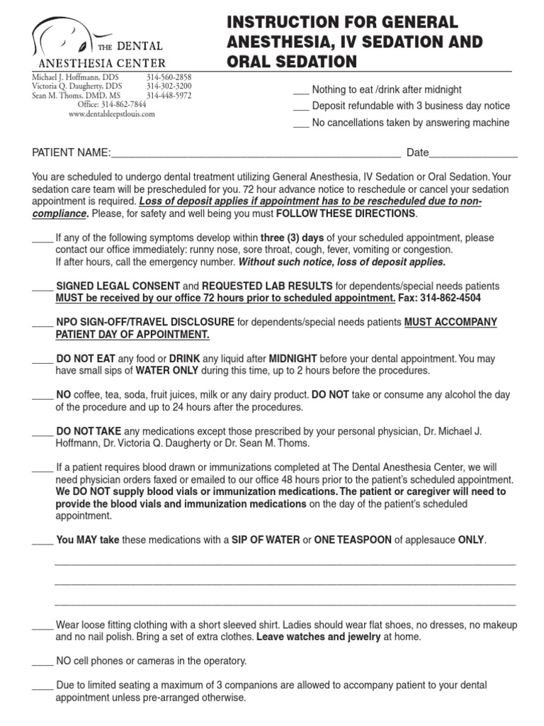 Dental Anesthesia Pre Operative Instruction PDF Dental Degree