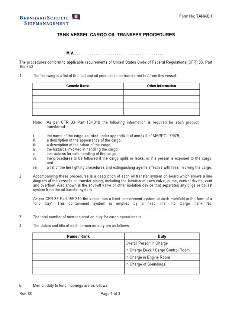 Tank Vessel Oil Transfer Procedures | PDF | Nature