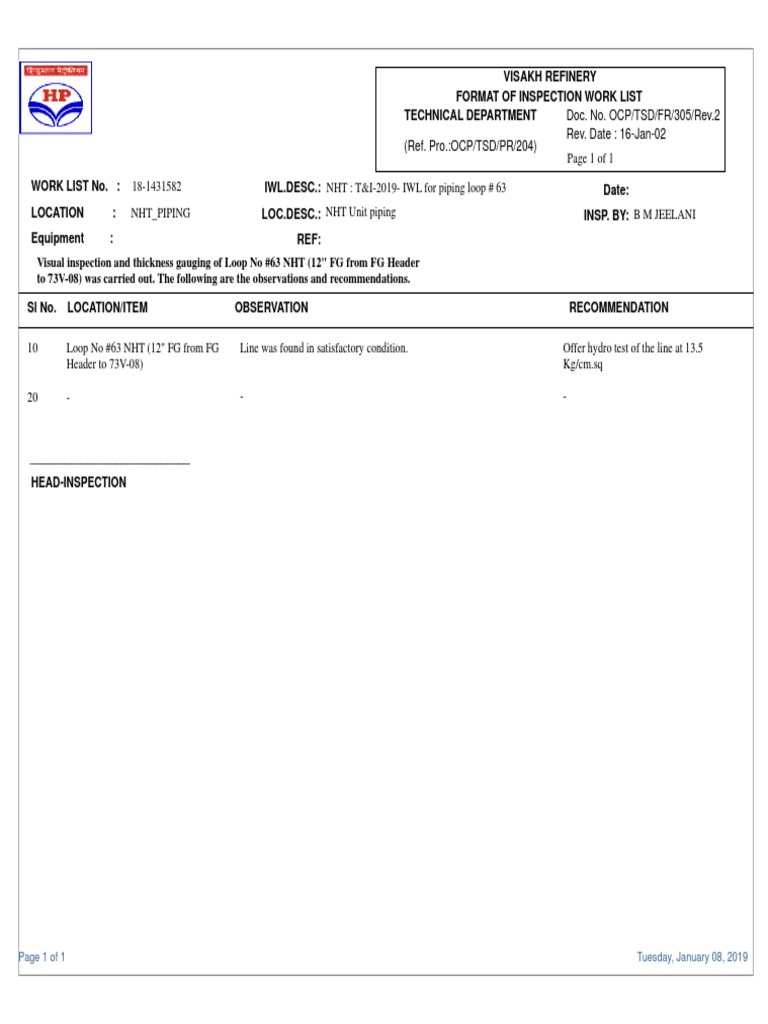 NHT Piping Inspection Work List | PDF | Technology & Engineering