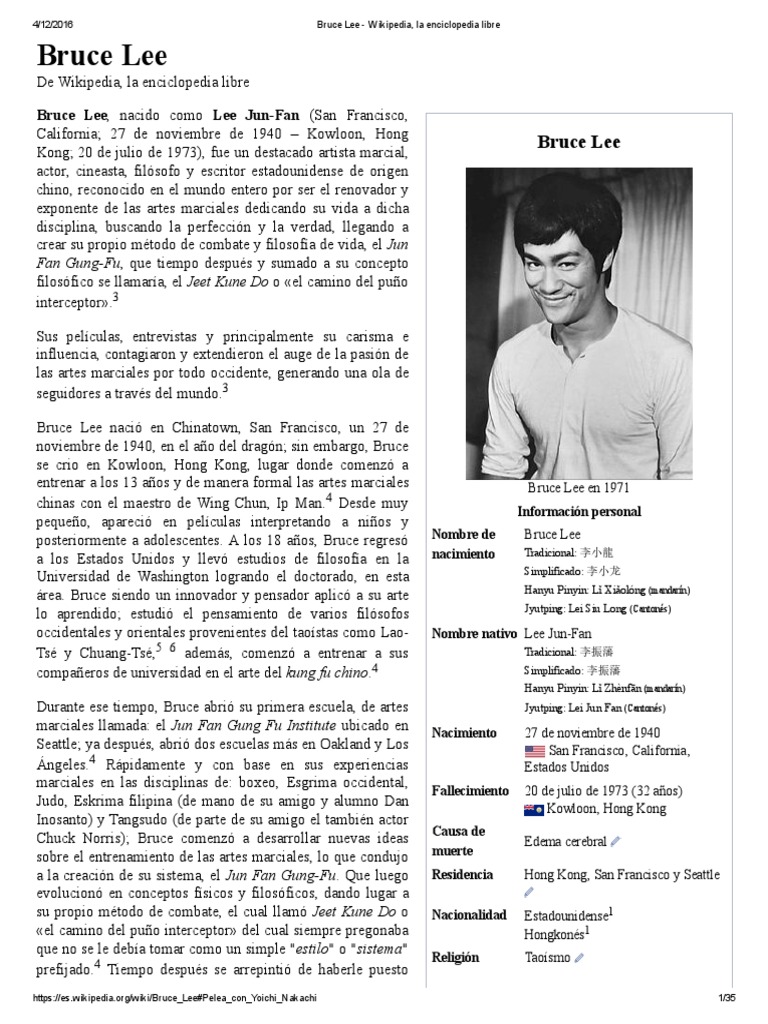 Bruce Lee - Wikipedia, La Enciclopedia Libre PDF, PDF, Bruce Lee