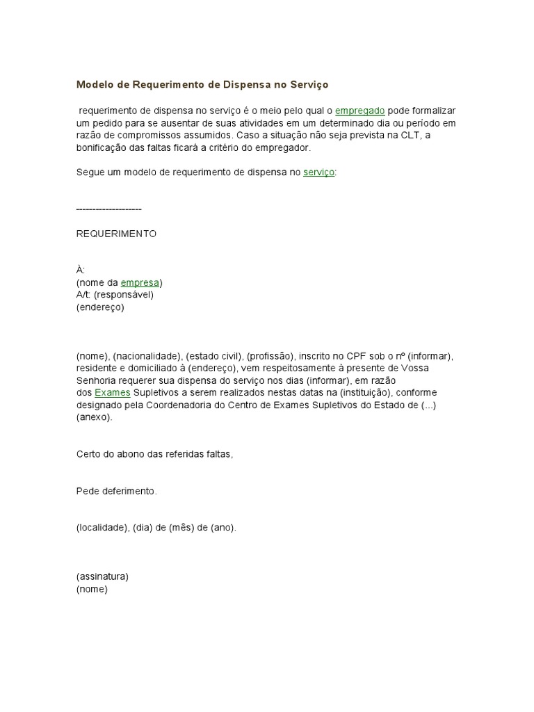 Modelo de Requerimento de Dispensa No Serviço | PDF | Direito, image size:768x1024