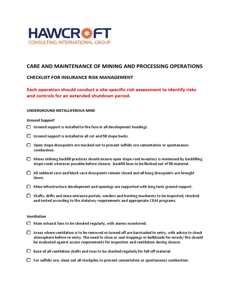 Mining Care and Maintenance Checklist | PDF | Coal Mining | Mining