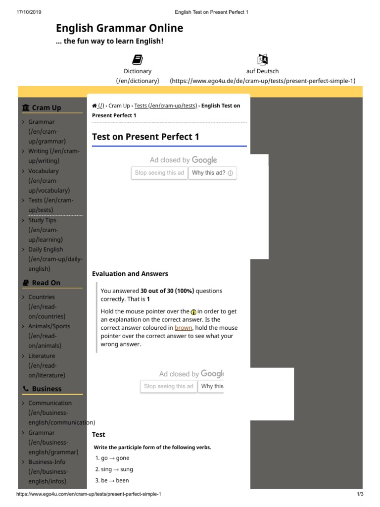 Present Perfect English Test | PDF | English Language | Human Communication
