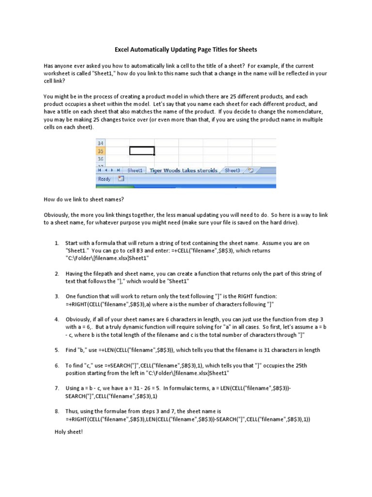 Excel Automatically Updating Page Titles For Sheets Pdf Filename Microsoft Excel