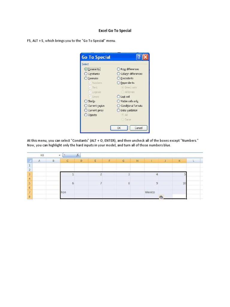Excel Go To Special Function Guide | PDF