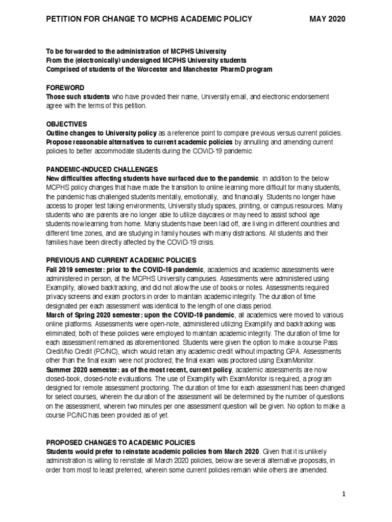 Petition For Change To MCPHS Academic Policy PDF Academic Term