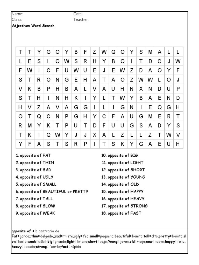 Adjectives Wordsearch | PDF | Linguistics | Grammar