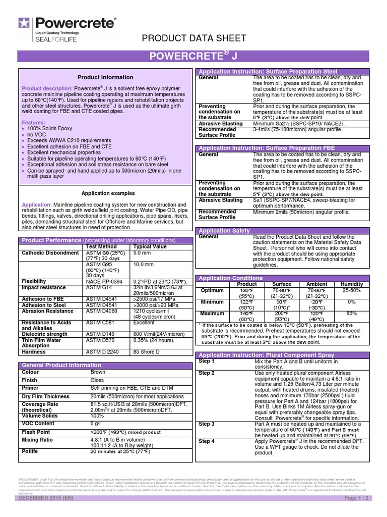 Powercrete J Product Data Sheet PDF Epoxy Pipe (Fluid Conveyance)