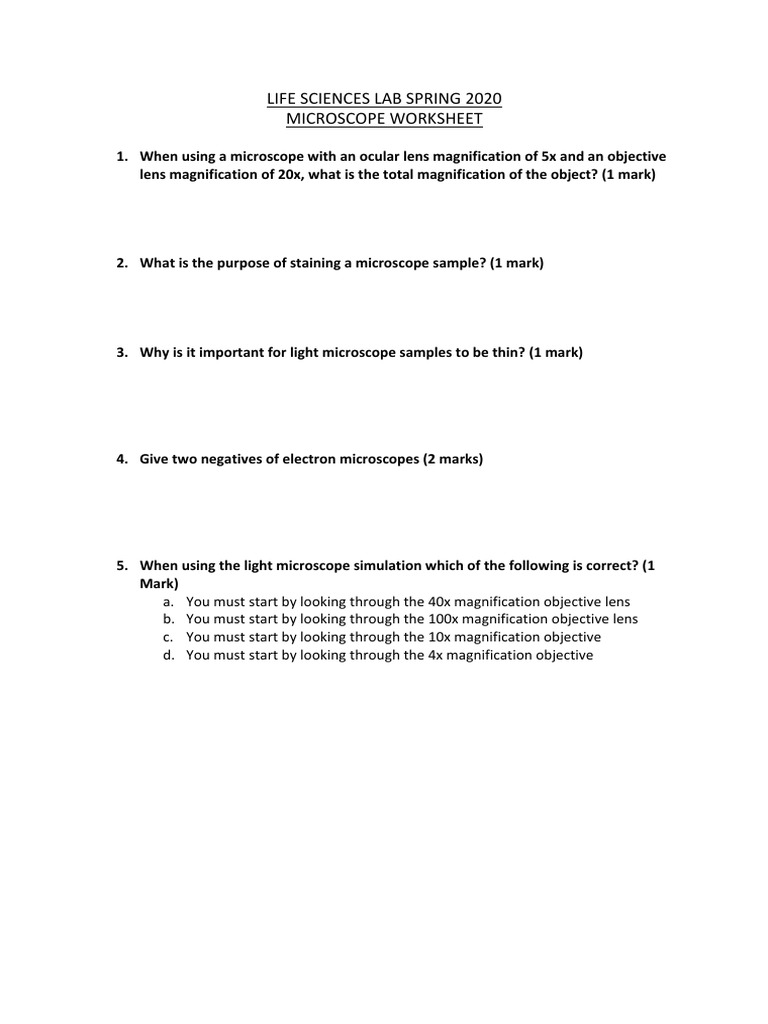 Microscopes Worksheet PDF