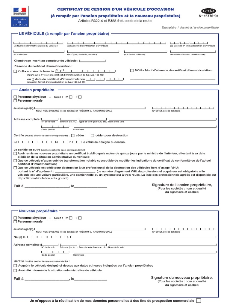 Certificat De Cession D Un Véhicule D Occasion Pdf