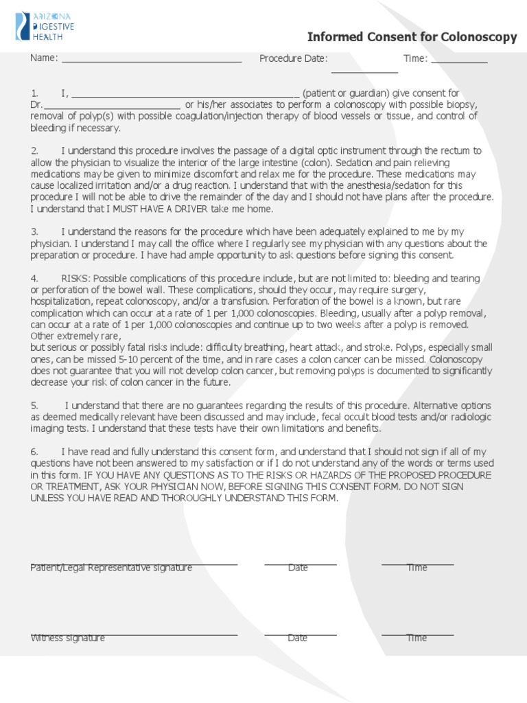 Colonoscopy Informed Consent Form | PDF | Colonoscopy | Gastroenterology