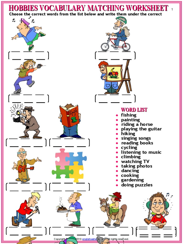 hobbies vocabulary esl matching exercise worksheets for kids pdf hobbies recreation