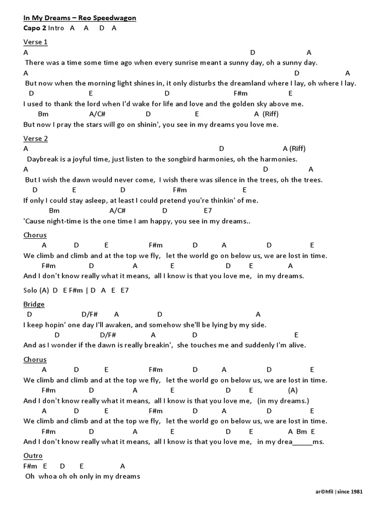 Reo Speedwagon In My Dreams Guitar Chords Song Structure Songs