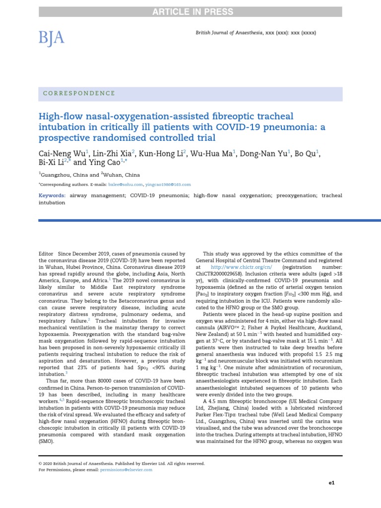 HighFlow NasalOxygenationAssisted Fibreoptic Tracheal Intubation in