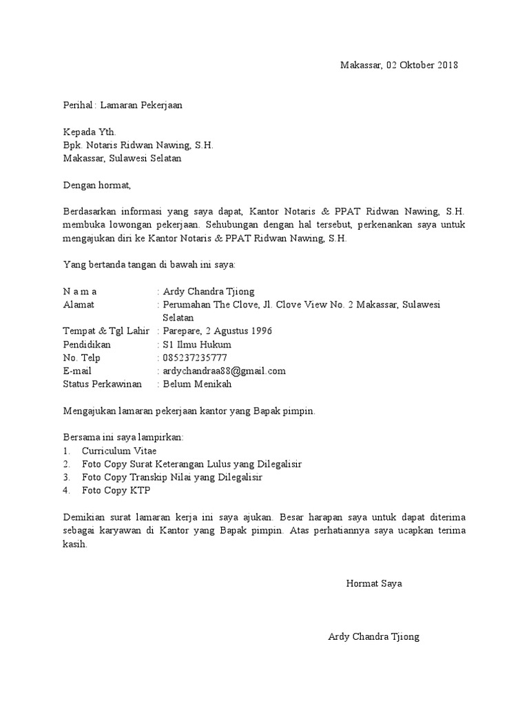 Surat Lamaran Kerja Di Kantor Notaris | PDF