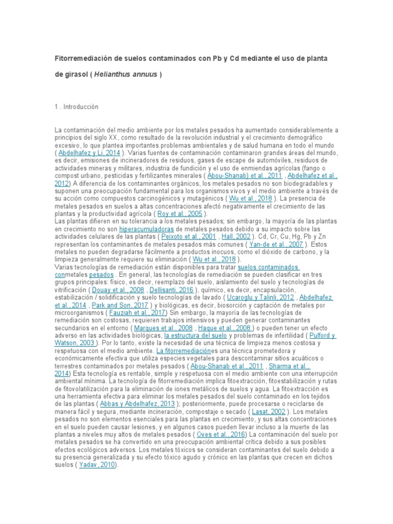 Fitorremediación De Suelos Contaminados Con Pb Y Cd Mediante El Uso De