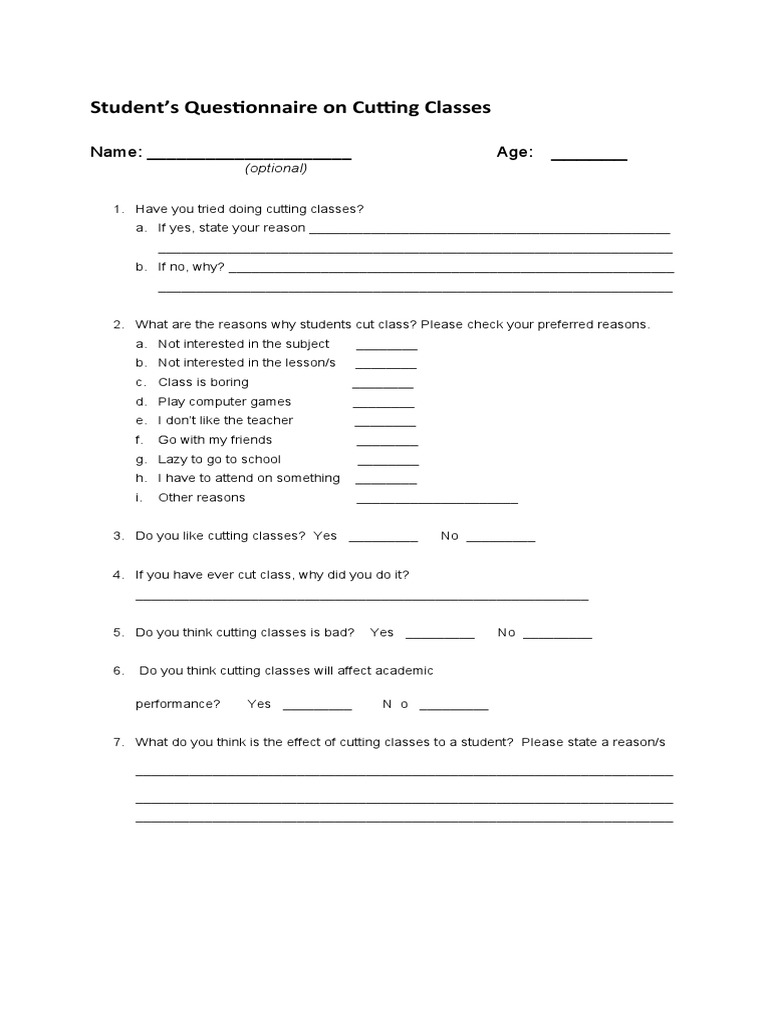 Student's Questionnaire On Cutting Classes Name Age PDF