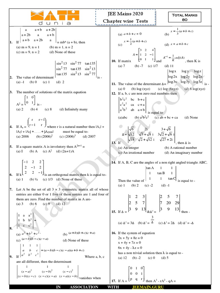 JEE Mains 2020 Chapter Wise Tests C B A C B A X PDF Determinant