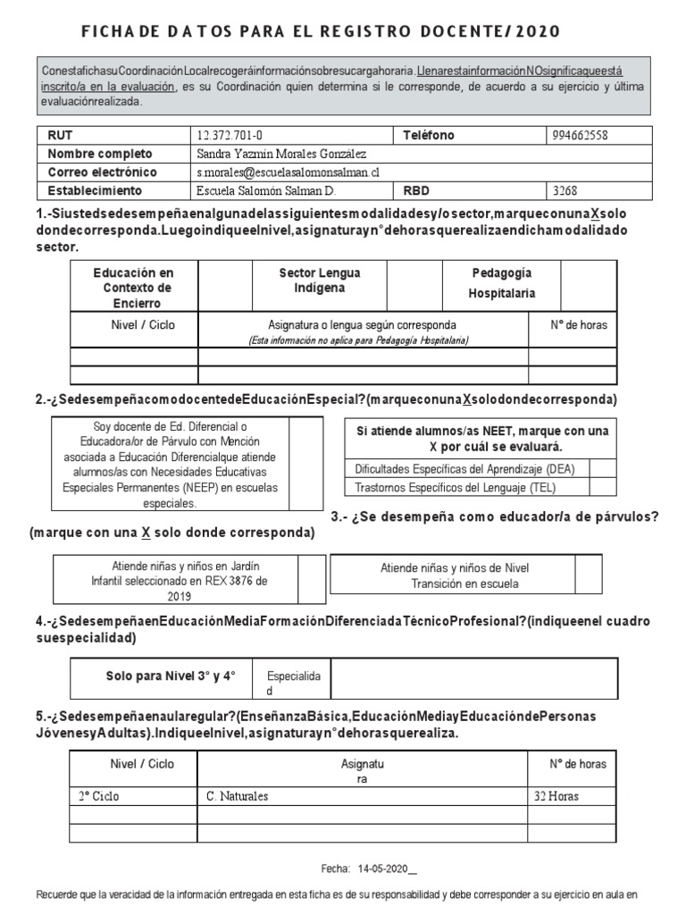 Ficha de Registro de Datos Docentes | PDF | Educación de la primera ...