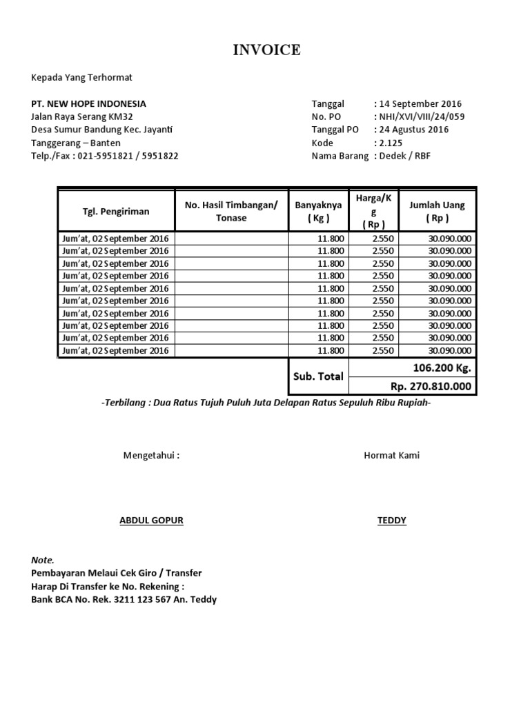 Invoice Pt. New Hope Ind | PDF