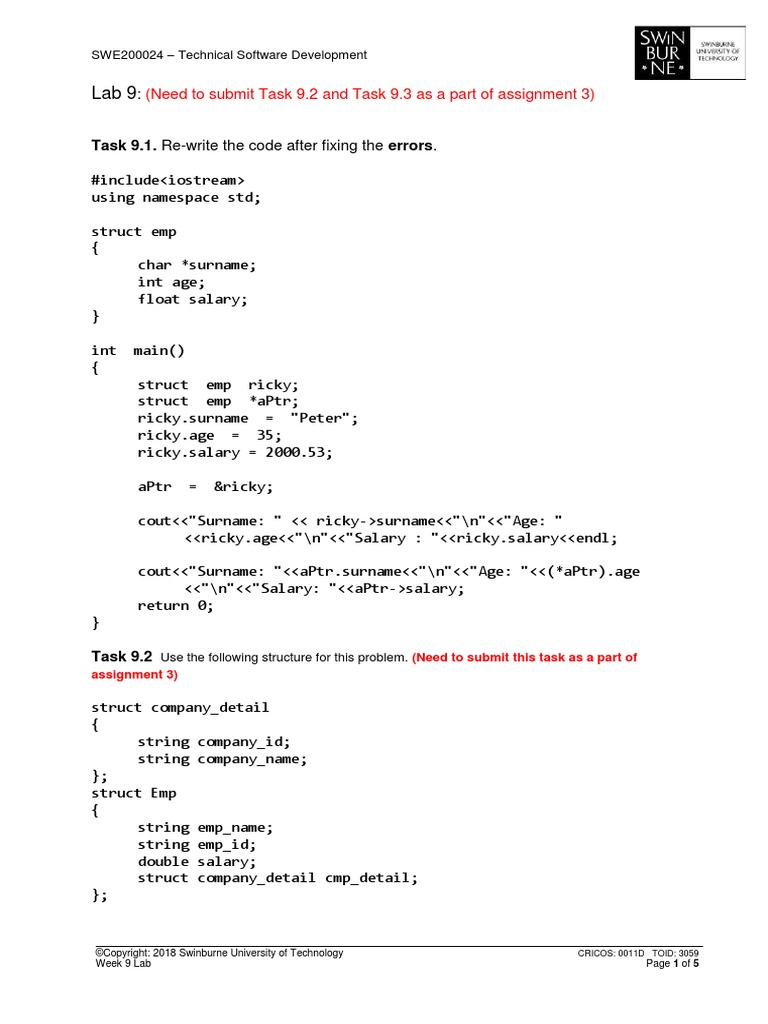 Task 9.1. Re-Write The Code After Fixing The Errors.: (Need To Submit ...