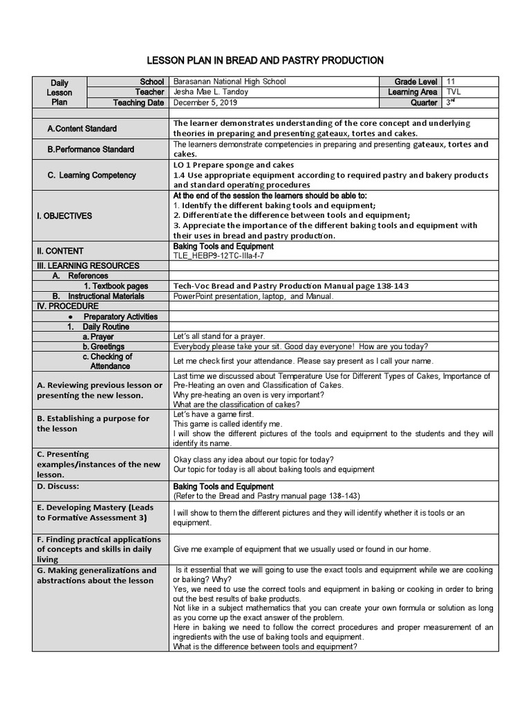 Lesson Plan in Bread and Pastry Production PDF Baking Cakes