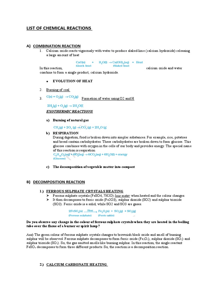 List of Chemical Reactions A) Combination Reaction PDF Oxide