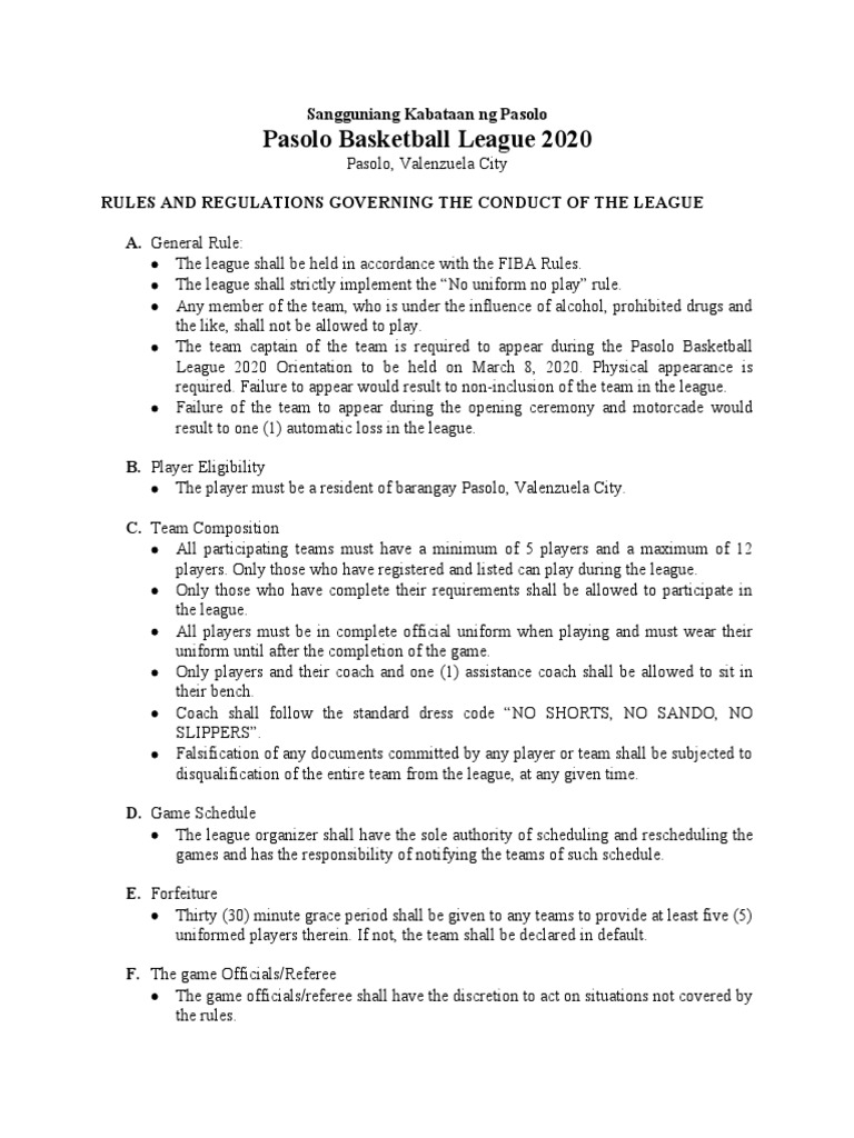 Rules and Regulations Governing The Conduct of The League PDF