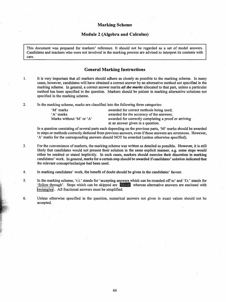 Marking Scheme Module 2 (Algebra and Calculus) : All The Marks | PDF ...