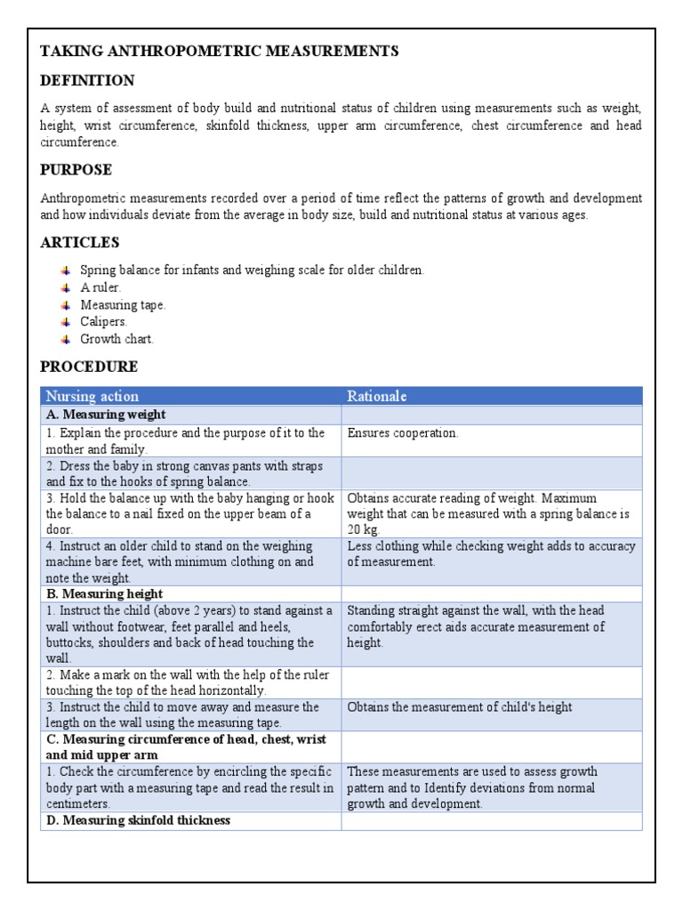 Procedures for Anthropometric Measurements | PDF | Weight | Nature